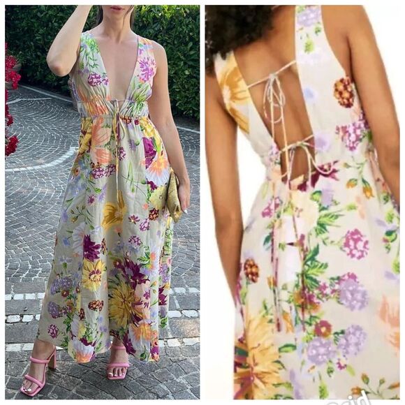 H&M Linen Blend Deep V Strappy Summer Maxi Dress XS Cottagecore Boho - Picture 2 of 6